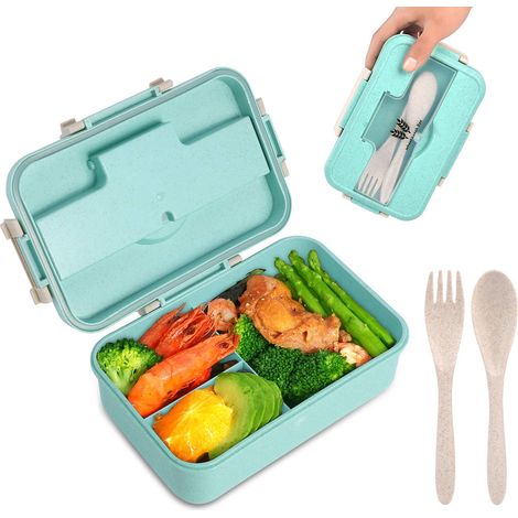 Boîte à bento pour enfants et adultes, avec 3 compartiments, en fibres de blé, étanche, avec cuillère et fourchette. Convient aux hommes et aux femmes. (1/5)