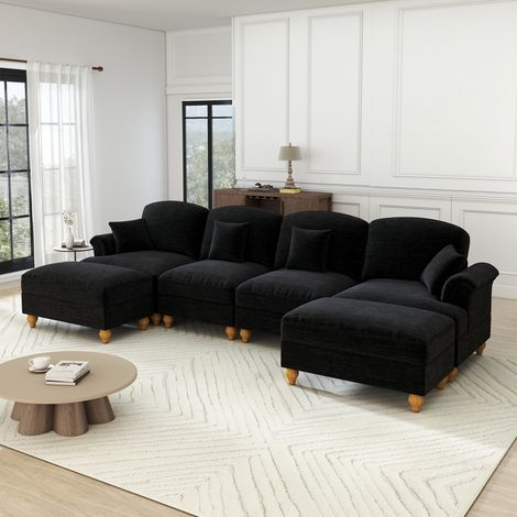 Sofá modular clásico en forma de U de 4 plazas en chenilla con reposabrazos en forma de embudo, faldón con volantes extraíble, patas torneadas y otomana móvil – Sofá Soft Cloud para salón, color negro