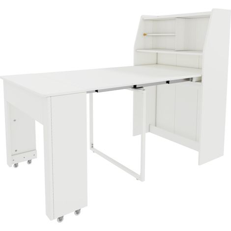 Table Ă manger extensible avec rangement L52/132,5 x P80 x H76 cm blanche (1/5)