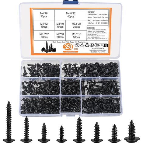 350 Pièces Vis Autotaraudeuses Noires, M3-M4.8 (1/5)