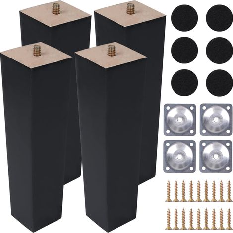 4 Pièces Pieds de Meuble Noir Bois 30cm Pieds de Lit avec Plaque de Montage Vis Patins en Feutre Carré Pieds Meuble Conique pour Canapé Armoire Lit Meuble TV Commode Fauteuil (1/5)