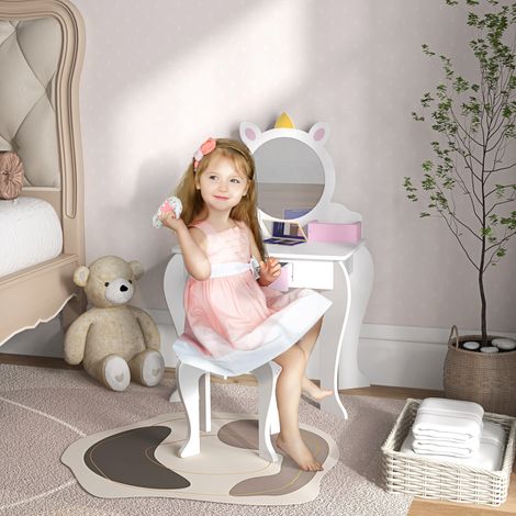 Tocador Infantil con Taburete y Espejo Tocador para Niñas con Cajón Compartimentos Diseño de Unicornio Blanco (1/5)