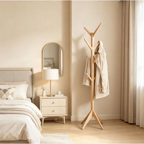 Porte-manteau sur pied en bois, 8 crochets, 180 cm, finition naturelle, OKWISH (1/4)