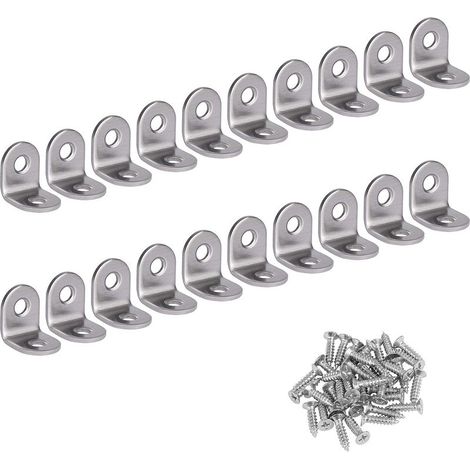 Équerre à angle droit, acier inoxydable, équerre d'angle à 90 degrés, équerre en L, support de fixation avec 20 vis argentées, 20 x 20 x 16 mm (1/5)