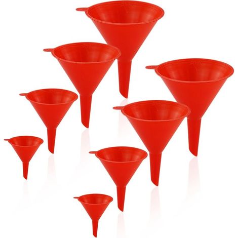 Set of 8 wide-mouth plastic funnels for kitchen, bottles, cooking, laboratory (red) (1/5)