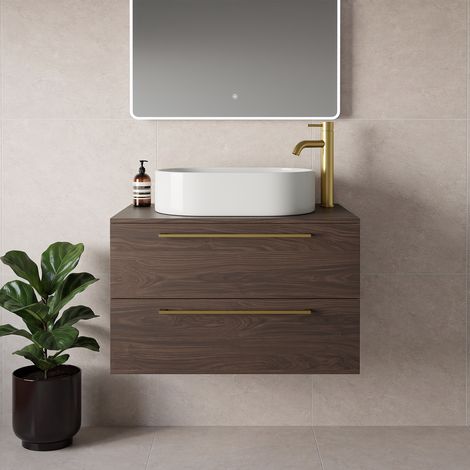 Napoli 460 Brown Oak 800mm Wall Mounted 2 Drawer Vanity Unit for Countertop Basins - 800mm - Brushed Brass 480mm Handle