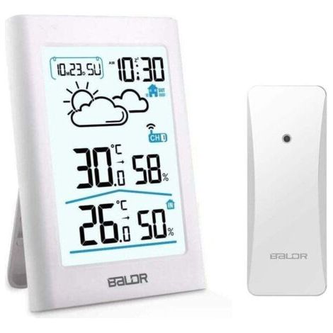 QORVA-Station météo sans fil, thermomètre intérieur et extérieur, hygromètre, baromètre avec capteur, écran rétroéclairé par LED, horloge numérique, alarme et répétition de l'alarme, affichage de l'he