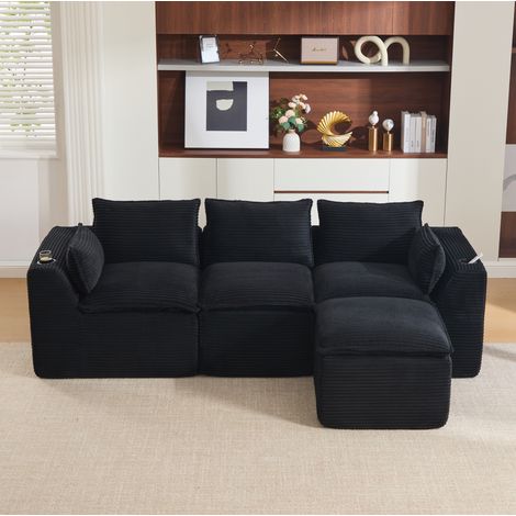 Canapé modulaire 256x161x75 cm noir en velours côtelé avec pouf, coussins, poches latérales et porte-gobelet (1/5)