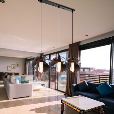 Pendelleuchte Vintage, Stil-Industri Hängeleuchten im Ø20 cm Globus Design, Decken Lampe Kugel E27 für Wohnzimmer Esszimmer Flur Schwarz - 3 Flammige Rechteckige Basis