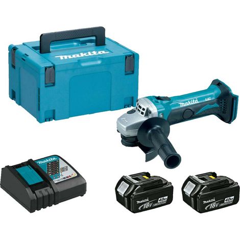 MAKITA DGA452RMJ Cordless 18V LXT 115mm Angle Grinder With 2x4Ah Batteries Charger And MAKPAC 3 Carry Case Set