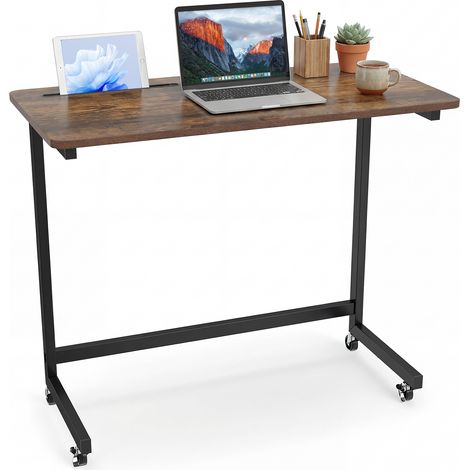 COSTWAY Mobile Side Table Rolling Laptop Desk Cart with Tablet Slot-Brown (1/5)