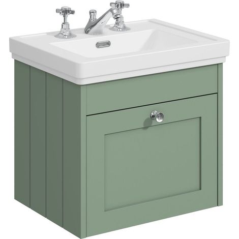 Balterley Butterton 500mm Wall Hung 1 Drawer Unit with Classic Basin 3 Tap Hole - Satin Green (1/4)