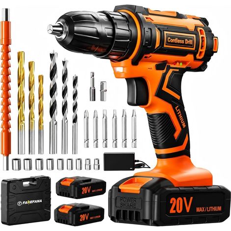Perceuse Visseuse Sans Fil 20V, Visseuse Devisseuse Sans Fil avec 2 Batteries 2.0Ah, 42Nm, 25+1 Réglages de Couple, 2 Vitesses, LED, 24 Accessoires et Valise, pour la Bricolage (1/5)