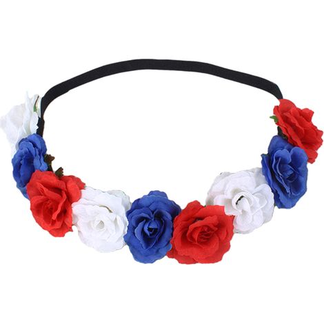 Bandeau bleu, rouge et blanc, couronne de roses, bandeau floral, accessoire de tête hawaïen (1/5)