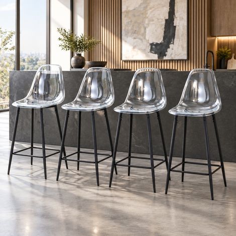 Taburetes de bar, juego de 4, asiento transparente, estructura metálica negra, 101,6 cm, DESVIAE (1/5)