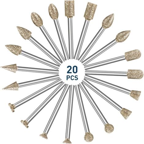 Ensemble de fraises diamantées pour sculpture, Lot de 20 accessoires pour outil rotatif avec tige de 1/8’ pour la sculpture, meulage, polissage, gravure de la pierre, céramique et verre (1/4)