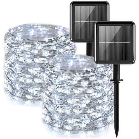[Lot de 2] Guirlande Lumineuse Solaire Extérieure, 100 PCS Guirlande Solaire Étanche LED 12M Guirlande en Fil de Cuivre à 8 Motifs pour Jardin Patio Mariage Fête de Noël, Blanc Froid