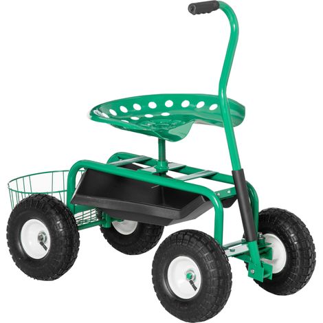 Chariot de jardin avec siège pivotant réglable en hauteur et panier, capacité 150 kg, vert, 81 x 44,5 x 46-59 cm (1/5)