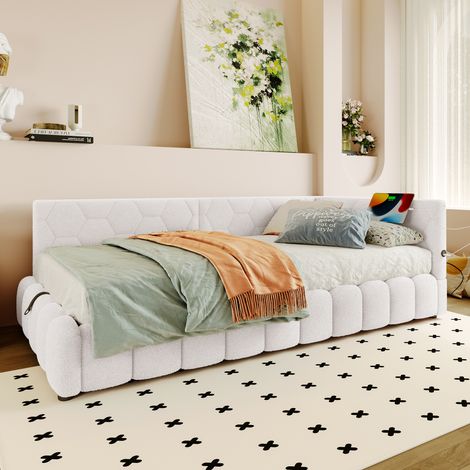 Cama con almacenaje 90x200cm diseño geométrico luz LED multicolor terciopelo color blanco (Sin colchón) (1/5)