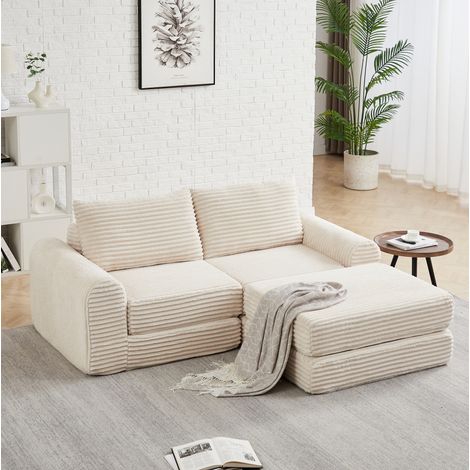 Divano letto modulare in velluto a coste beige con poggiapiedi rimovibile, braccioli curvi, configurazione divano o letto (1/5)