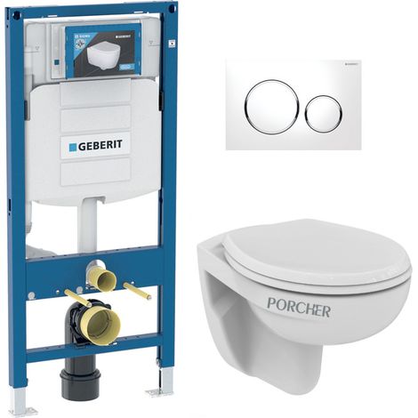 Bati Geberit Duofix pacchetto WC + WC sospeso Porcher senza flangia + sedile Eurovit + placca di comando bianca/cromata (GebPorc