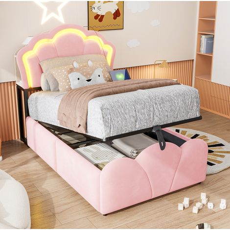 Cama tapizada 90x200 cm, con almacenaje hidráulico, luces LED, estantes en cabecero, terciopelo rosa (1/5)
