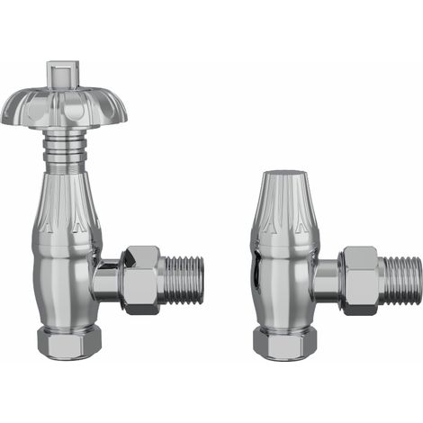 Traditional Thermostatic TRV Antique Design Angled Radiator Rad Valves Pair Chrome (1/4)