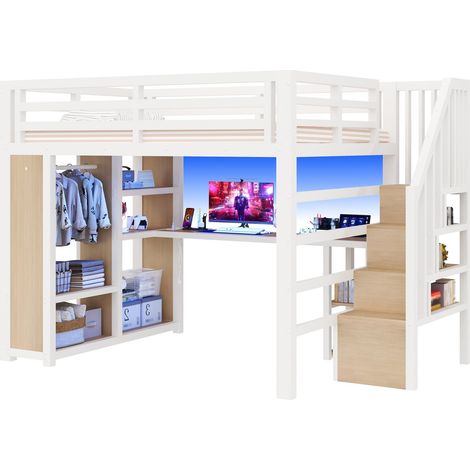 Lit mezzanine 140x200 en métal avec bureau, LED Bluetooth, escalier de rangement et armoire ouverte blanc - CHICFURN (1/5)
