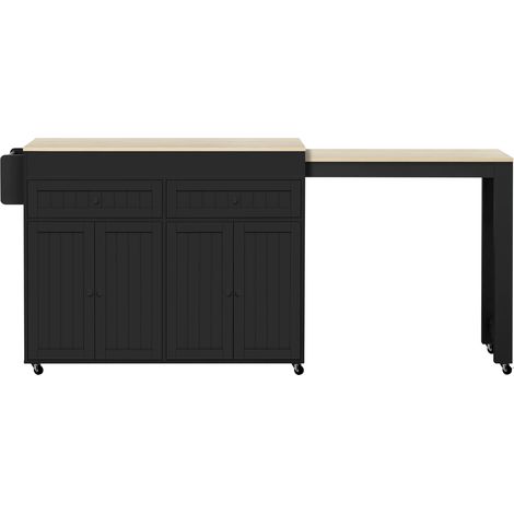 Îlot de cuisine mobile et extensible avec plan de travail et tiroirs. Cet îlot indépendant est idéal pour la cuisine et la salle à manger (noir et bois naturel). (1/5)