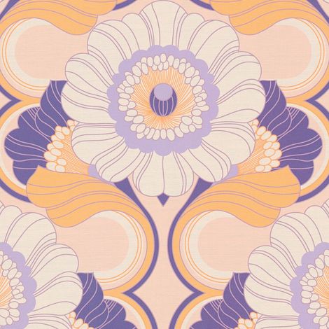 Empapelado estilo retro Profhome 395303 papel pintado vinílico estampado en caliente tejido non tejido ligeramente texturado con dibujo floral mate violeta beige amarillo ocre blanco crema 4,5 m2