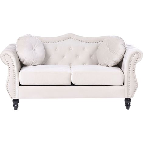 Divano in Velluto Beige 2 posti con Cuscini Stile Chesterfield Retrò Skien
