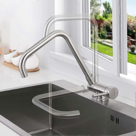 Grifo de cocina giratorio 360° y plegable para ventana, grifo mezclador de fregadero de acero inoxidable 304 con mango plegable para agua fría y caliente. (1/4)