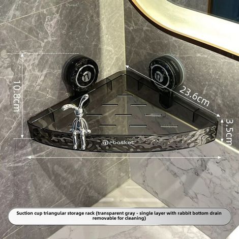 Étagère de rangement pour WC triangulaire grise et argentée à ventouse avec système anti-perçage, fixation murale sans perçage, étagère d'angle pour lavabo, fixation robuste (1/5)