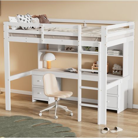 Letto a soppalco 90x200 cm bianco in pino e MDF con scrivania e contenitori (1/5)
