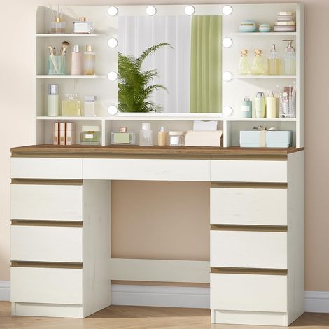 Grande coiffeuse avec éclairage LED, 10 boules lumineuses LED, 3 couleurs, luminosité réglable, miroir, 9 tiroirs, 9 étagères ouvertes, style moderne, Blanc-Marron (1/5)