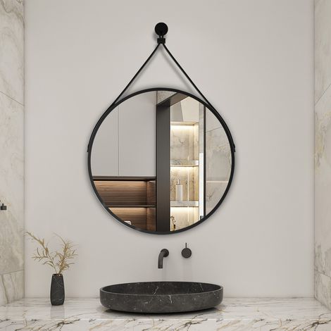 Aica Miroir rond 40x40cm noir encadré avec ceinture en cuir amovible