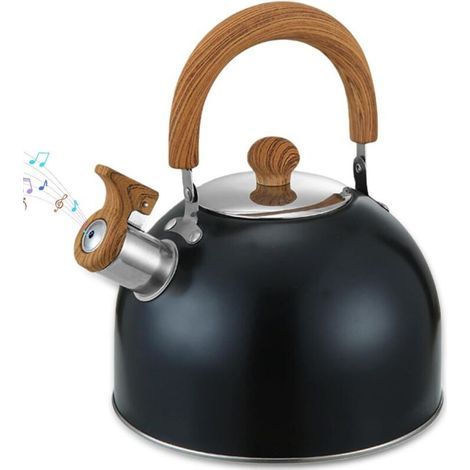 Bouilloire électrique de 2 litres, théière rétro en acier inoxydable, bouilloire sifflet avec poignée, bouilloire électrique avec sifflet automatique, pour gaz et plaques à induction (noir)