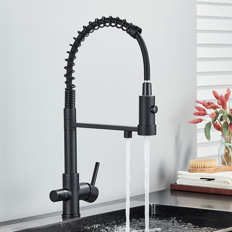 Robinet de Cuisine Adapté à Filtre à Eau – 3 Voies, Rotation 360°, Cartouche de Mélange Haute Pression avec Sortie Flexible, Acier Inoxydable Noir à 2 Manches (1/5)