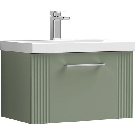 Belvide Partial Fluted 1 Drawer Wall Hung Vanity Unit with 1 Tap Hole Thin-Edge Basin- 600mm - Satin Green (1/4)