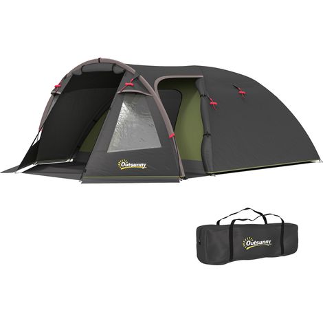 Tunneltent voor 4 personen, lichtgewicht, stabiel, waterdicht, UV 50+, kampeertent met luifel, dubbele deur, zwart