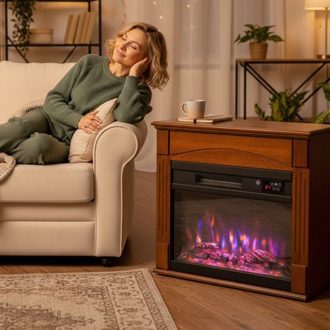 Caminetto elettrico da 1000W/2000W, effetto fiamma 3D con 6 colori e 3 livelli di luminosità, 68,5x27,5x63 cm, marrone.