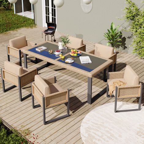 Ensemble de salon de jardin, 6 fauteuils,1 table, 6 coussins, en tissu, marron (1/5)