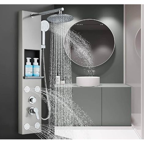 Colonne de douche en acier inoxydable avec buses de massage, colonne de douche murale multifonctionnelle avec étagère pour salle de bain (1/5)