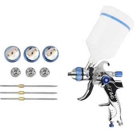Kit pistolet à peinture HVLP 600 cm³ pour véhicules avec régulateur d'air, alimentation par gravité et 3 filetages de buse. (1/5)