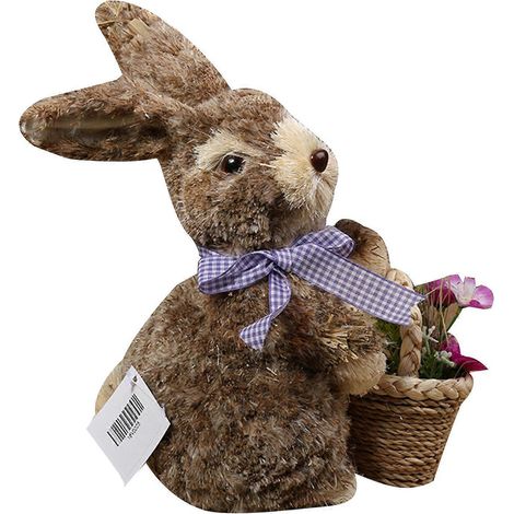 Lapin artificiel en paille avec bouquet de fleurs, décoration de Pâques, lapin debout pour D (1/4)