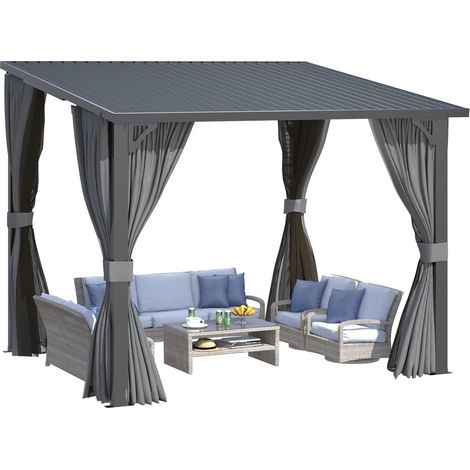 YODOLLA 3x2.4m Lean-to Gazebo Wall-Mounted Metal Hardtop Roof Pergola with Curtains and Mosquito Netting