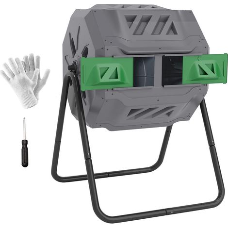 Composteur Rotatif de Jardin 160 L Double Bac Déchets Organiques Plastique et Métal 71 x 65 x 96 cm Gris Vert et Noir (1/5)