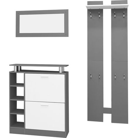 Flurmöbel Set mit Schuhschrank, 2 Wandpaneelen, Ablage und Spiegel, aus Spanplatte, Grau, 80 × 25 × 96.5 cm (1/5)