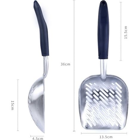 Pala metálica para arena de gato, duradera, de gran tamaño, con mango largo ergonómico y agujeros grandes, fácil de limpiar (negra) (1/5)