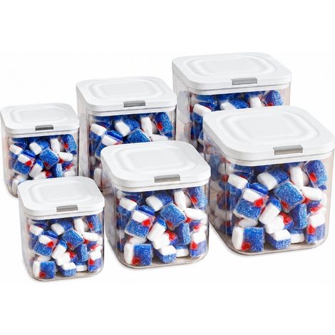 Boîte de rangement hermétique pour lessive, récipient en plastique transparent avec couvercle, ensemble de 3 pièces comprenant un verre doseur carré et une tasse à mesurer. (1/5)